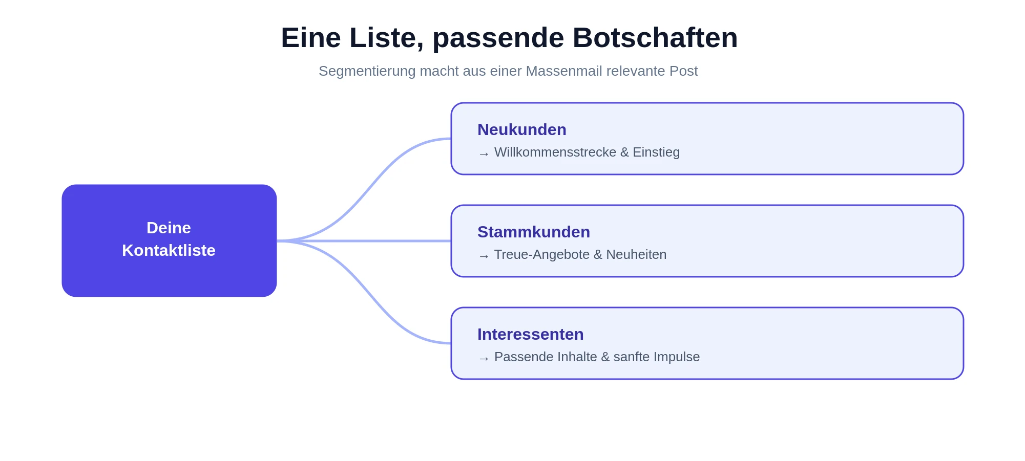 Fünf Hebel des modernen Direktmarketings – Segmentierung, Automatisierung, Personalisierung, Echtzeit-Signale und Messbarkeit. Flowchart showing a contact list segmented into